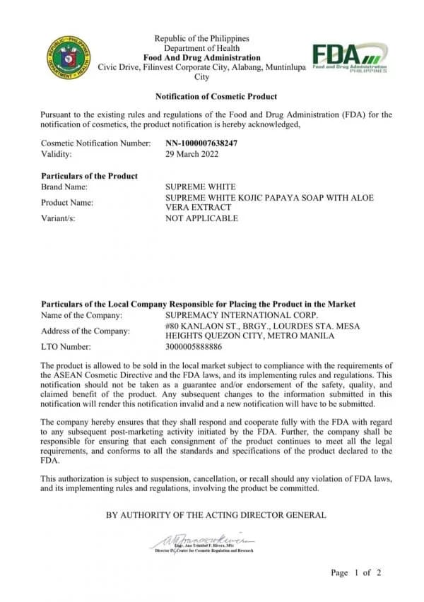 Supremacy International FDA compliance certificate 2