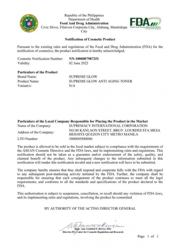 Supremacy International FDA compliance certificate 4