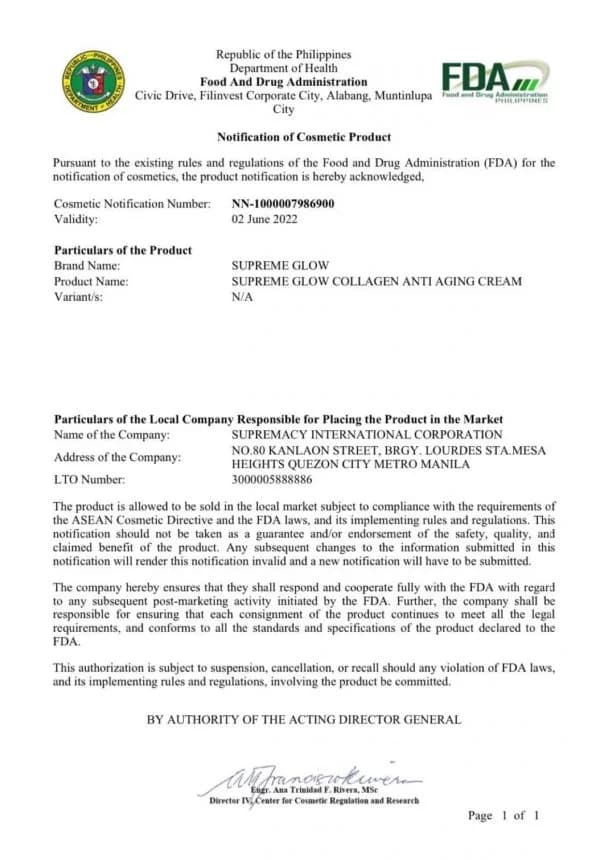 Supremacy International FDA compliance certificate 5
