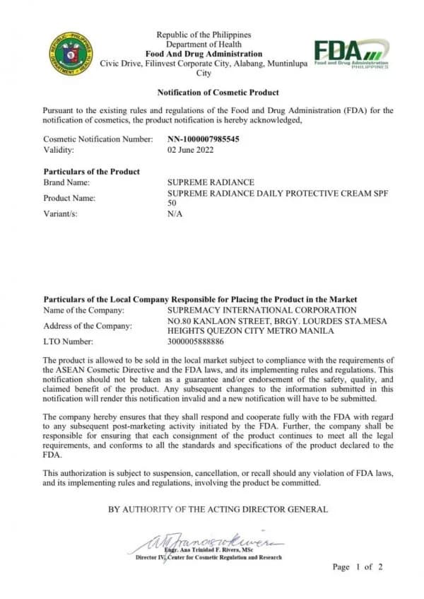 Supremacy International FDA compliance certificate 6