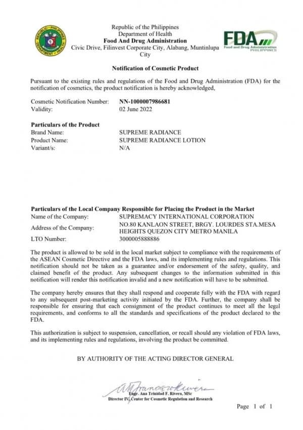 Supremacy International FDA compliance certificate 7
