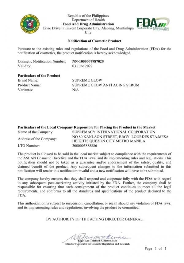 Supremacy International FDA compliance certificate 8