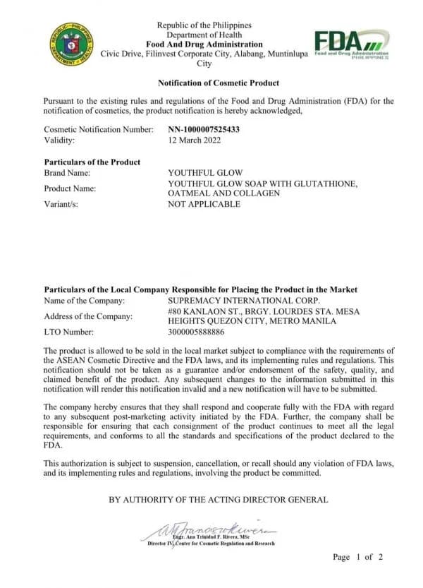 Supremacy International FDA compliance certificate 1